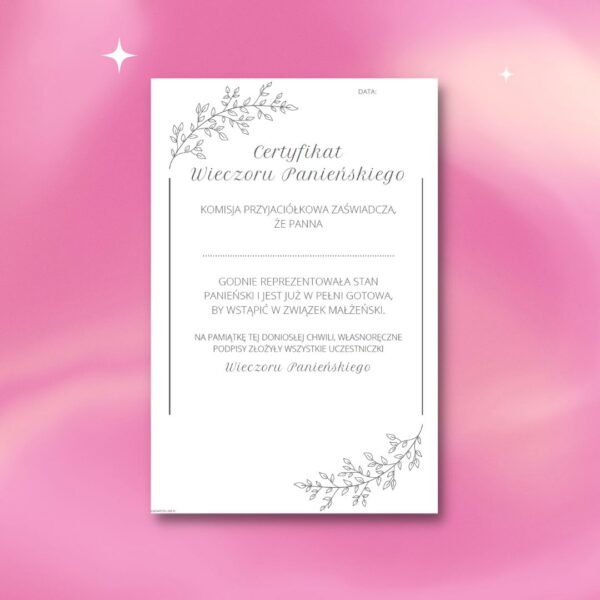 certyfikat wieczoru panienskiego